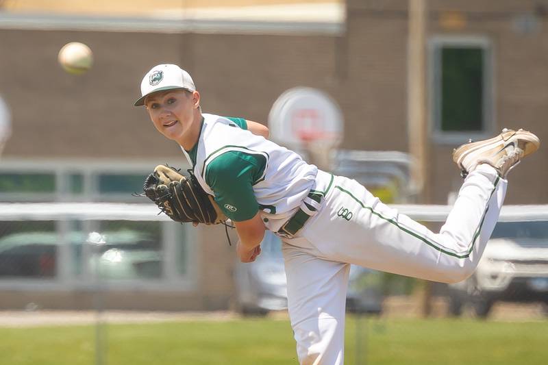 (9) Geno Dinges of St. Bede pitches on Saturday, May 24, 2025 at Stark County High School in Toulon.