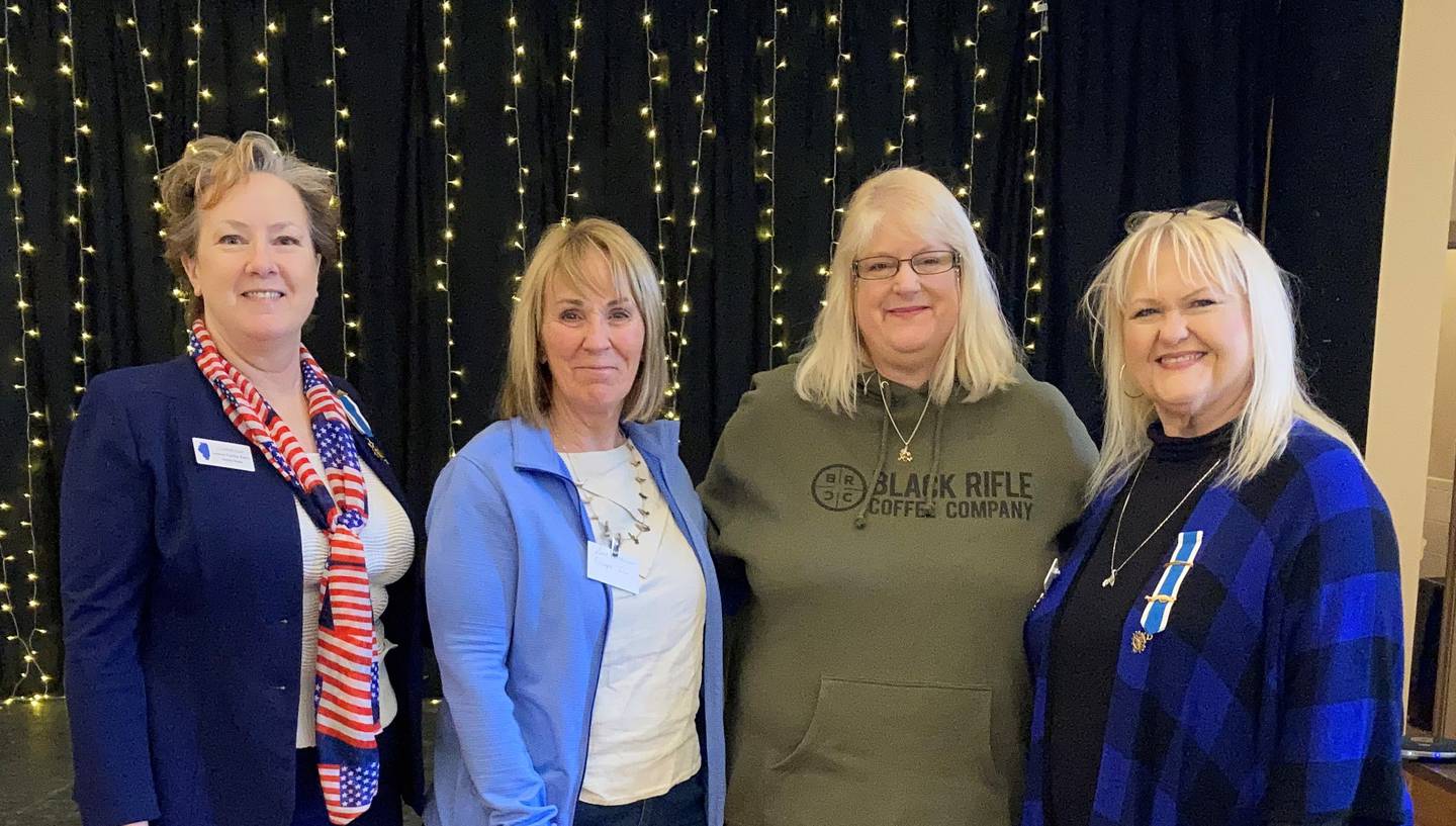 Pictured left to right: Regent Laurie Perry, Sue Andrew, Sherrie Taylor, and District II Chaplain Debby Katzman. Photo rpovided by Rochelle Chapter of DAR.