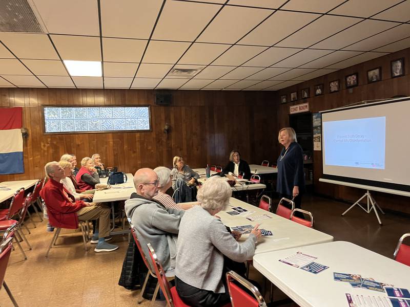 Sharilyn Markese, member League of Women Voters of Illinois,. speaks on how to identify misinformation and disinformation and their impact on elections at the Joliet Croatian Cultural Club Wednesday, Oct. 16, 2024.
