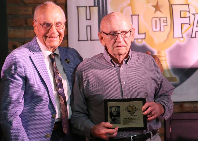 Former Walnut athlete and Manlius/Bureau Valley coach Ken Bourquin, poses with emcee Lanny Slevin during the 2025 Shaw Media Illinois Valley Sports Hall of Fame at the Auditorium Ballroom in La Salle.