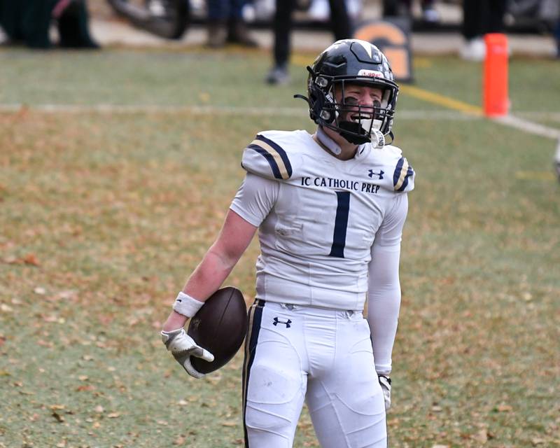 IC Catholic Prep's Will Schmidt (1) is all smiles after scoring a touchdown durig the 3A Playoff game against Chicago Hope Academy on Saturday Nov. 1, 2025, held at Altgeld Park in Chicago.