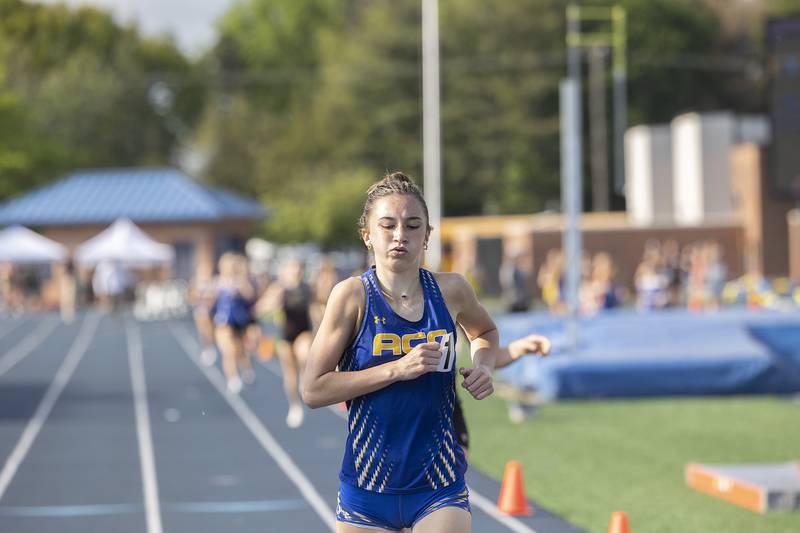 Aurora Catholic’s Cecilia Hilby wins the 800 Wednesday, May 14, 2025, during Sectionals at Sterling High School.