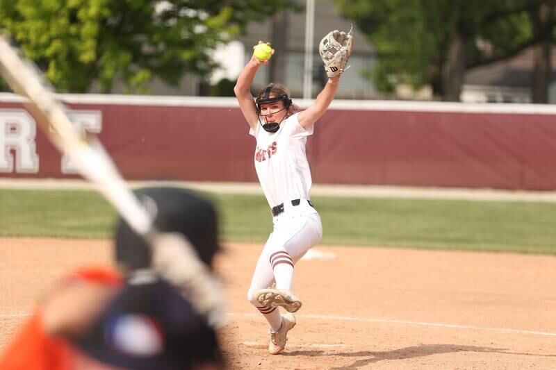 Lincoln-Way Central’s Lisabelle Dimitrijevic delivers a pitch against Lincoln-Way West in the Class 4A Lockport Sectional semifinal on Wednesday, May 30, 2023, in Lockport.