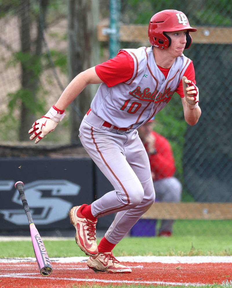 LaSalle-Peru's John Sowers hustles out of the box Tuesday, May 12, 2026, during their game at Kaneland High School in Maple Park.