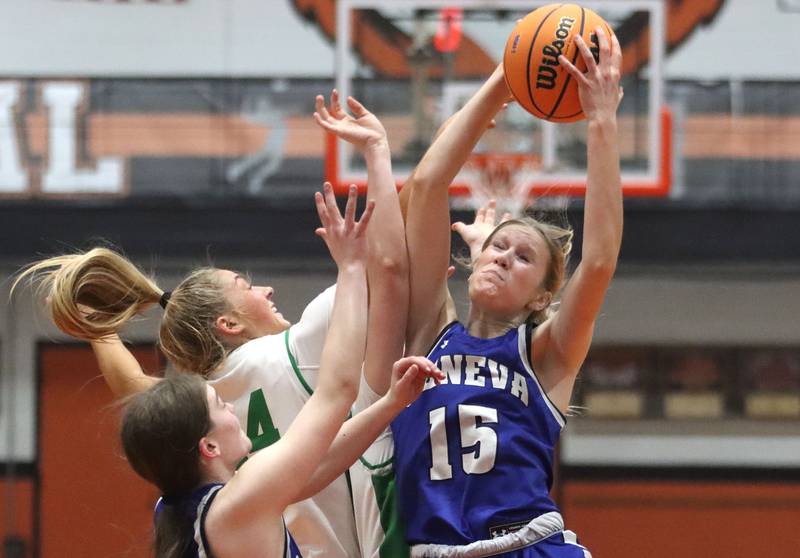 Geneva’s Emma Peterson grabs a rebound against Crystal Lake South in girls IHSA Class 3A Sectional Championship basketball on Thursday, Feb. 26, 2026, at Crystal Lake Central High School in Crystal Lake.