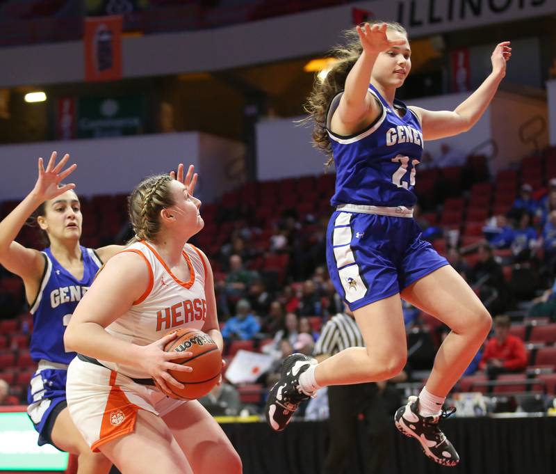 Hersey's Sabrina DiVito stops in the lane as Geneva's Gabby Webb jumps past while Leah Palmer guards her from behind during the Class 4A third place game on Friday, March 3, 2023 at CEFCU Arena in Normal.