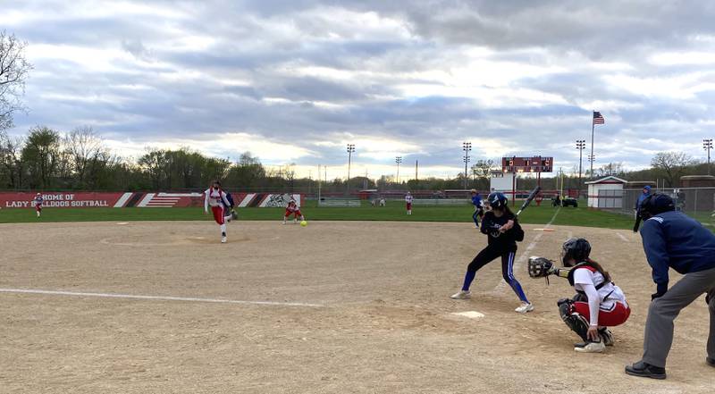 Streator pitcher Makenna Ondrey delivers home to catcher Morgan Kostal in the top of the 11th inning against Peotone on Wednesday, April 17, 2024.