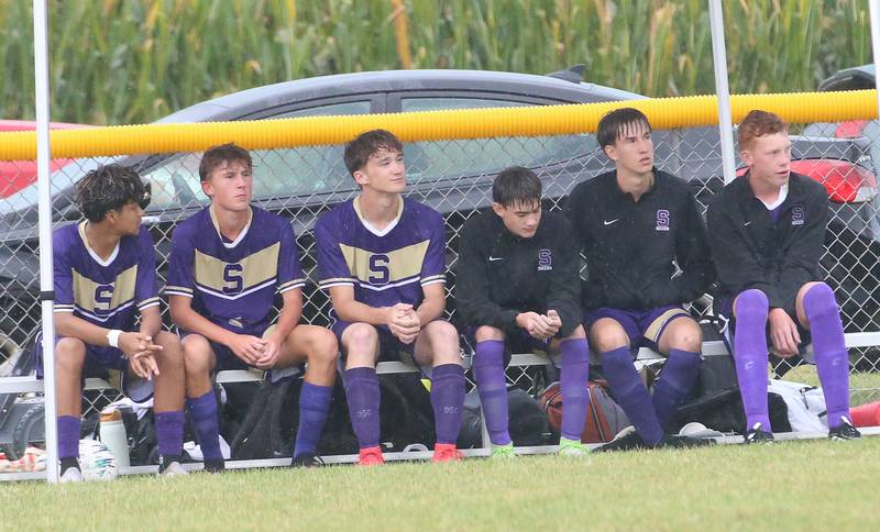 Members of the Serena soccer team watch the game from the bench against Earlville on Wednesday, Sept. 3, 2025 at Serena High School.