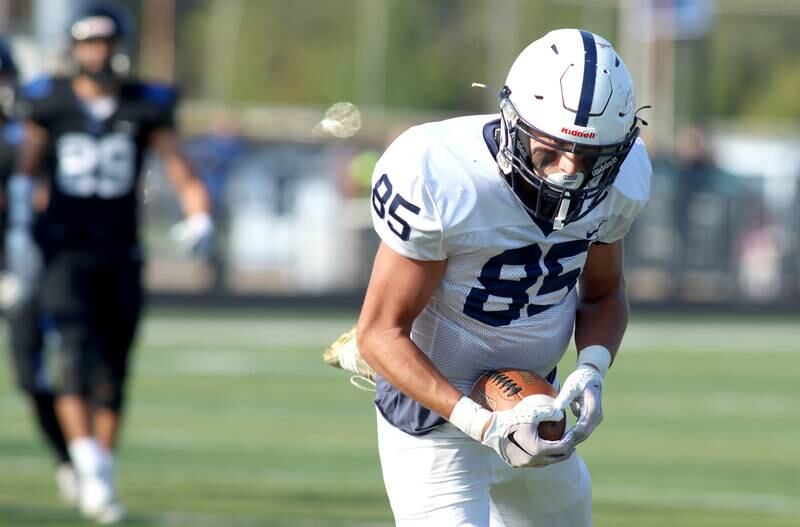 Cary-Grove’s Luca Vivaldelli hauls in a touchdown reception against Highland Park in second-round IHSA Class 6A playoff action at Wolters Field in Highland Park Saturday.