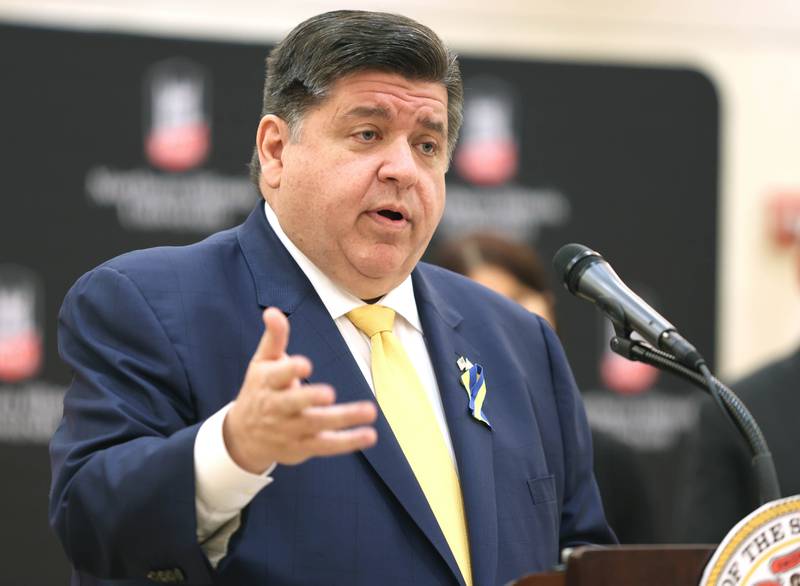 Illinois Gov. JB Pritzker answers questions from reporters Thursday, March 3, 2022, in the Barsema Alumni and Visitors Center at Northern Illinois University, about Michael Madigan, the former speaker of the Illinois House who was recently charged with a nearly $3 million racketeering and bribery scheme.