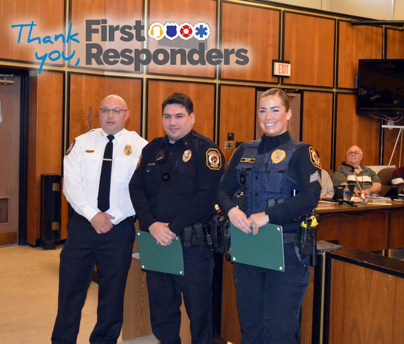 Rock Falls Police Chief David Pilgrim, Officer Kristofer Perez and Sgt. Betony Gluff were presented with the Lifesaving Award during the March 19, 2024, Rock Falls City Council meeting for their work responding to a Feb. 14 call.