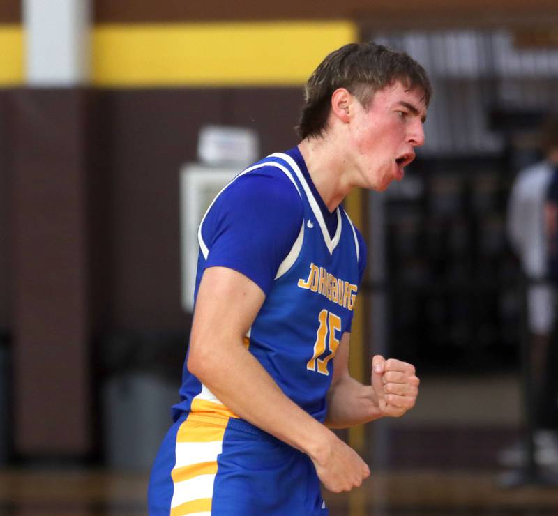 Johnsburg’s Ashton Stern celebrates after draining a three-point basket against Boylan in varsity boys basketball Hinkle Holiday Classic action on Tuesday, Dec. 23, 2025, at Jacobs High School in Algonquin.