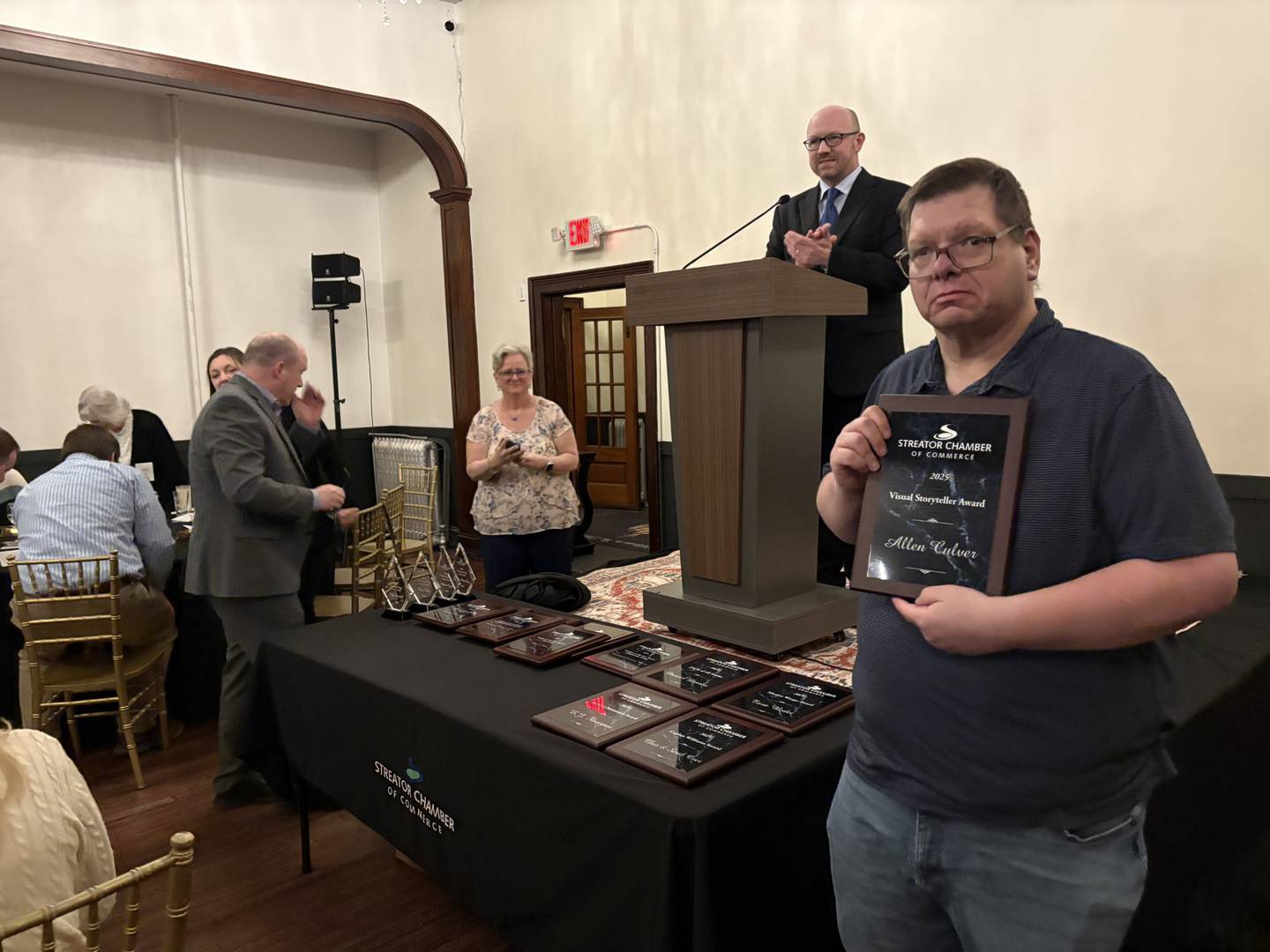 Allen Culver poses with the Visual Storyteller Award during the Streator Chamber of Commerce’s 112th annual dinner on Monday, March 9, 2026.