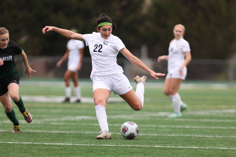 Plainfield East’s Xcaret Pineda scores against Plainfield Central. Friday, April 29, 2022, in Plainfield.