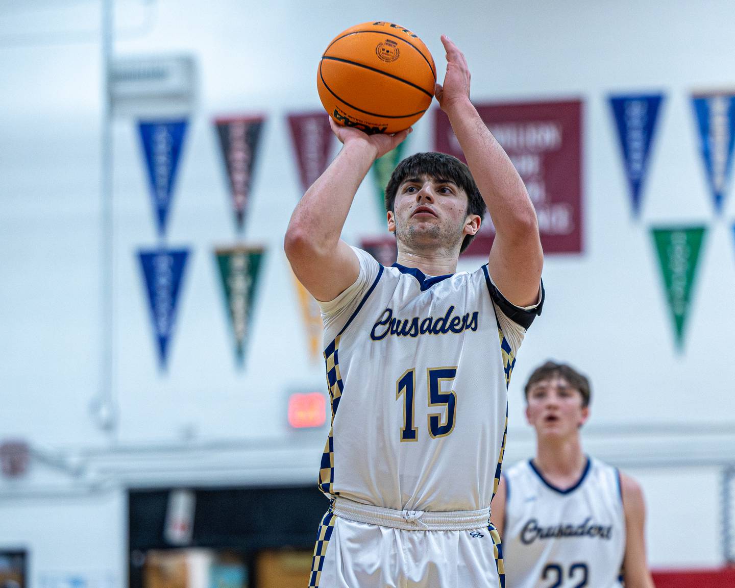 Marquette's Alec Novotney (15) shoots free-throw in game against Dwight on Saturday, Feb. 21, 2026 at Marseilles Elementary School.