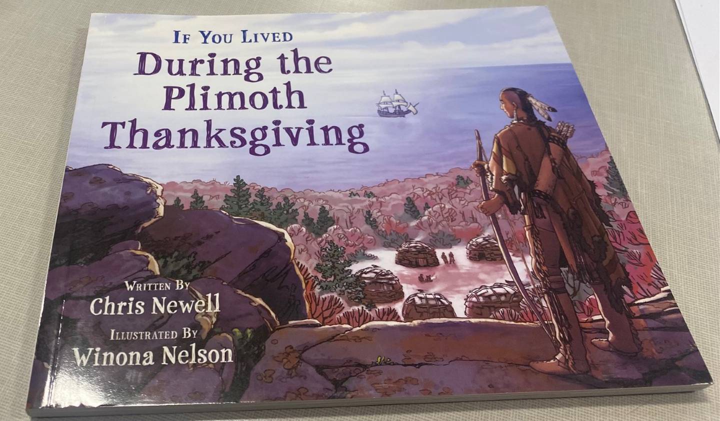 Ted Trujillo, a Passamaquoddy tribal member, brought "If you Lived During the Plimoth Thanksgiving" to Waltham school board meeting on April 26.