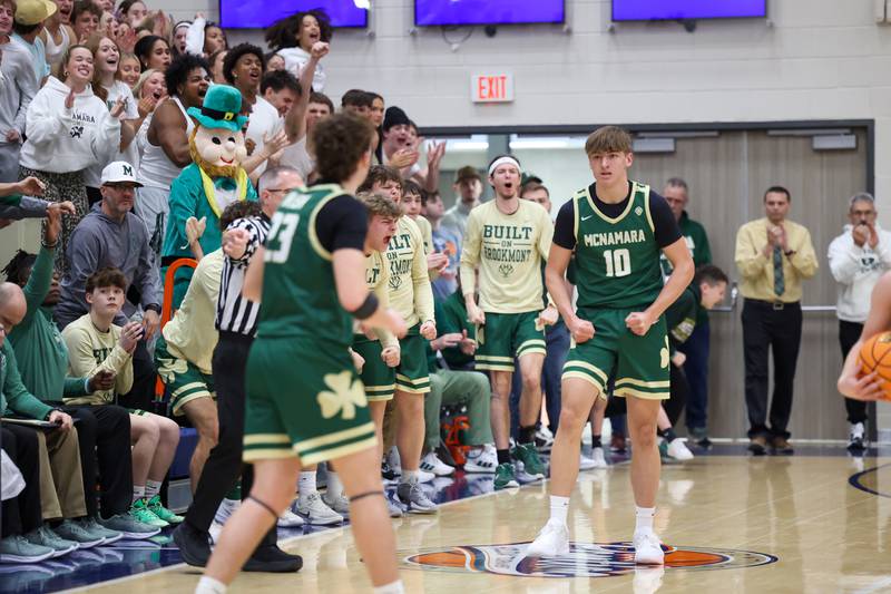 Bishop McNamara's Coen Demack (10) celebrates taking possession during the Fightin' Irish's 77-70 loss to Tolono Unity in the IHSA Class 2A Pontiac Supersectional on Monday, March 9, 2026.