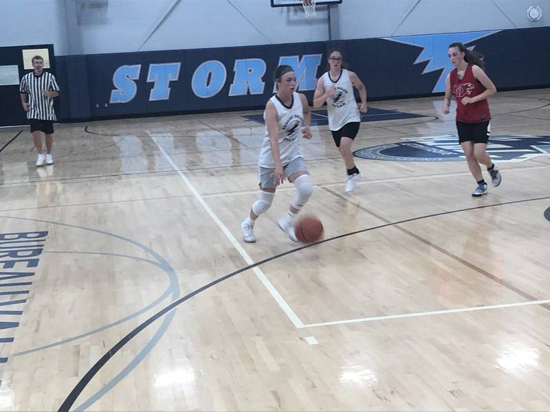 Bureau Valley junior Kate Stoller attacks the basket Thursday night at Storm Gym against E-P.