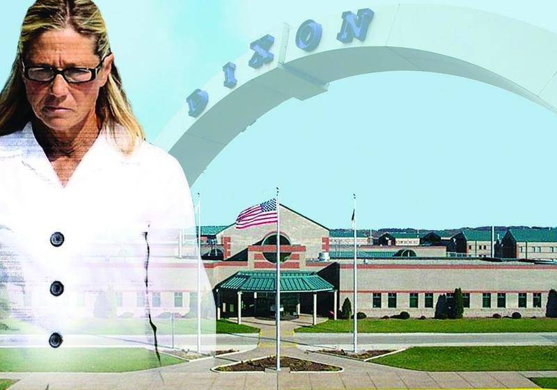 Illustration showing Rita Crundwell, the Dixon arch and a federal prison.