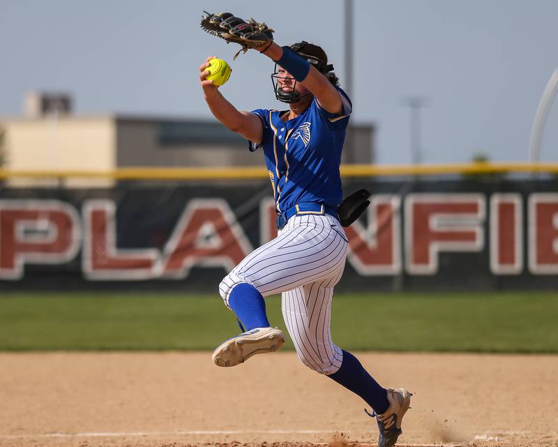 Wheaton North's Erin Metz (6) winds up her delivery during Class 4A Plainfield North Sectional final softball game between Wheaton North at Oswego. May 31th, 2024.