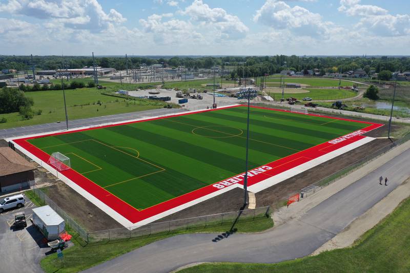 An aerial view of the newly turfed soccer field at the La Salle-Peru Township High School Athletic Complex on Thursday, Aug. 17, 2023. In March of this year, L-P announced a $9.5 million addition/renovation to its sports complex. The project will include the addition of a baseball field, two softball fields and four tennis courts; the installation of artificial turf on the soccer field; the expansion of parking; the addition of restrooms in the soccer building; and construction near the baseball/softball fields that will include a concession stand, press box and restrooms.