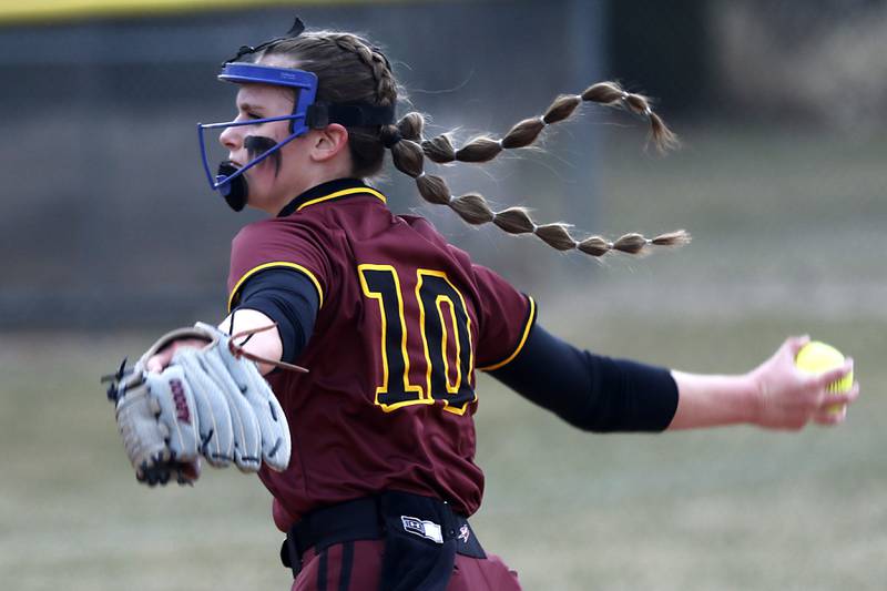 Richmond-Burton’s Hailey Holtz throws a pitch during a nonconference softball game against Cary-Grove Tuesday, March 21, 2023, at Cary-Grove High School.