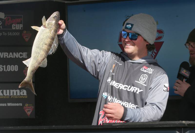 Steve Skupien of Monee holds up his Walleye during the National Walleye Tour Masters Walley Circuit on Saturday, March 23, 2024 in Spring Valley.