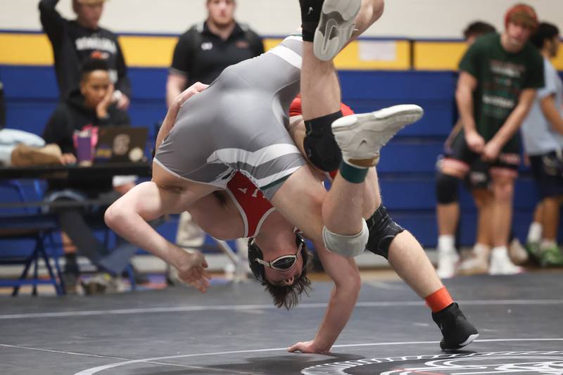 Yorkville’s Ryder Janeczko drops Plainfield East’s Niko Duggan in the Southwest Prairie Conference 157 pound Championship at Joliet Central on Saturday, Jan. 20th, 2024.