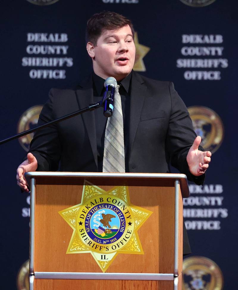 Pastor Kyle Kalkbrenner does a scripture reading during the memorial service for former DeKalb County Sheriff Roger Scott Friday, March 7, 2025, at Bethany Road Bible Church in DeKalb. Scott, who was the county sheriff for 36 years, died on February 23 at the age of 78.