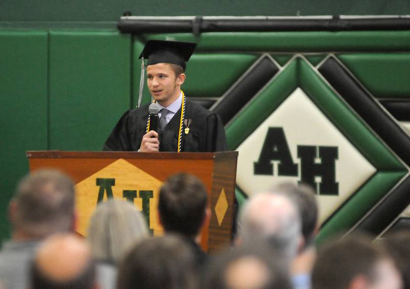 Valedictorian Benjamin Hunter Gaddini speaks Sunday, May 22, 2022, during the Alden-Hebron High School commencement ceremony in Hebron.
