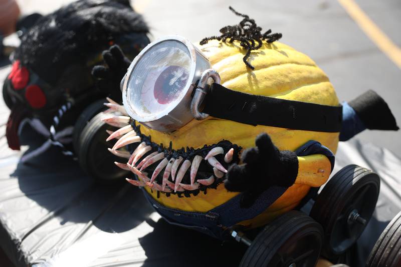 A pumpkin is transformed into an evil Minion from the movie Despicable Me for the Pumpkin Derby at the Wish Upon a Star fundraiser on Saturday, Oct. 5, 2024 in Joliet.