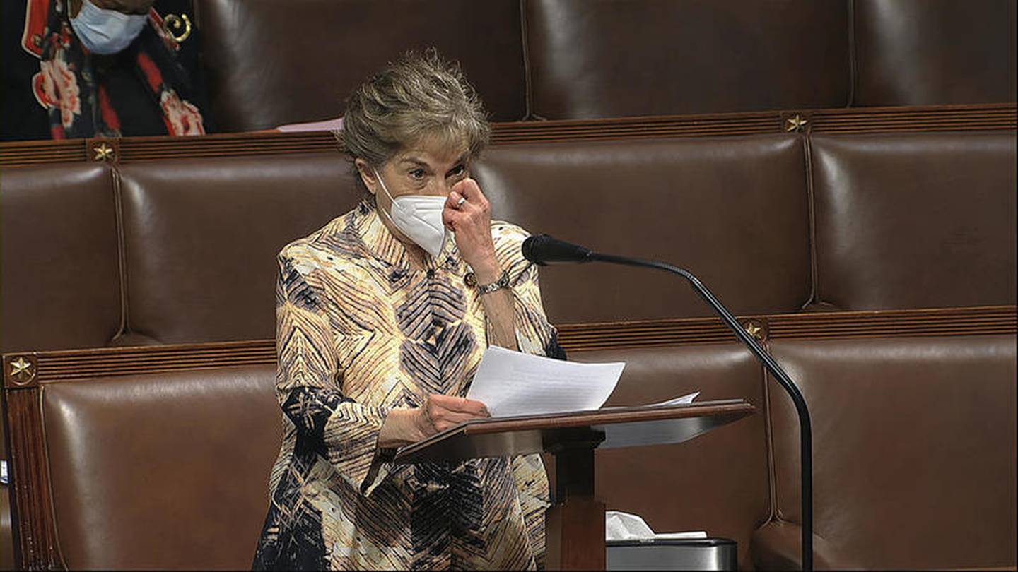 In this image from video, Rep. Jan Schakowsky, D-Ill., speaks on the floor of the House of Representatives at the U.S. Capitol in Washington, Thursday, April 23, 2020. (House Television via AP)
