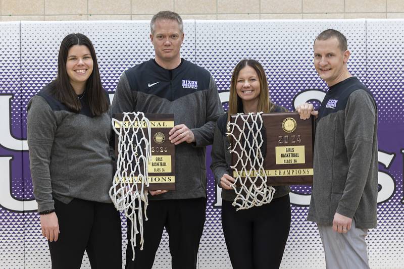Dixon Duchesses head coach Luke Ravlin (middle) and assistant coaches Catie Cox (left), Maggie Curry and Aaron Book have been named coach of the year for steering the basketball team to the super-sectionals.