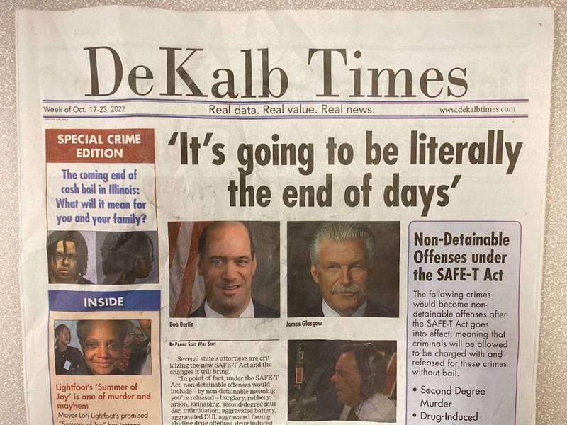 The Oct. 17-23, 2022 edition of the DeKalb Times, a mailer owned by Local Government Information Services. Concerns have been raised in recent weeks related to the contents of the mailed publications, that have drawn attention – including from Democratic Gov. JB Pritzker – for being politically charged and exclusively containing conservative talking points.