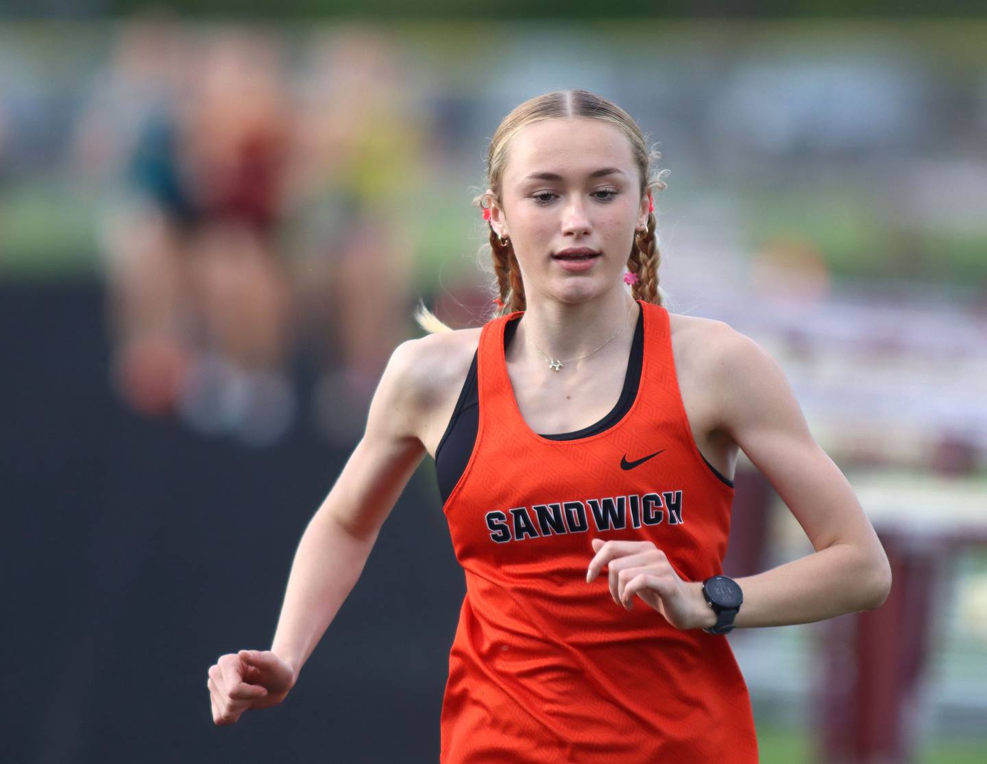Sandwich’s Sundara Weber cruises in the 3200-meter run in KRC Conference Track Meet action at Marengo High School in Marengo on Tuesday, May 6, 2025.