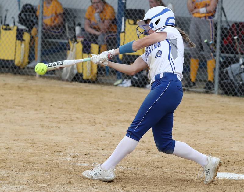 Princeton's Makayla Hecht smacks a hit against Mendota on Monday, May 15, 2023 in Princeton.