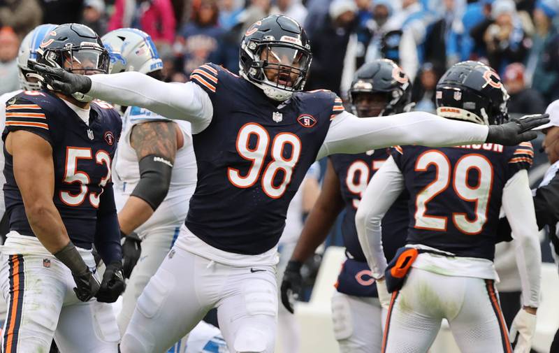 Chicago Bears defensive end Montez Sweat celebrates after stopping the Detroit Lions on 4th down late in their game Sunday, Dec. 10, 2023 at Soldier Field in Chicago.