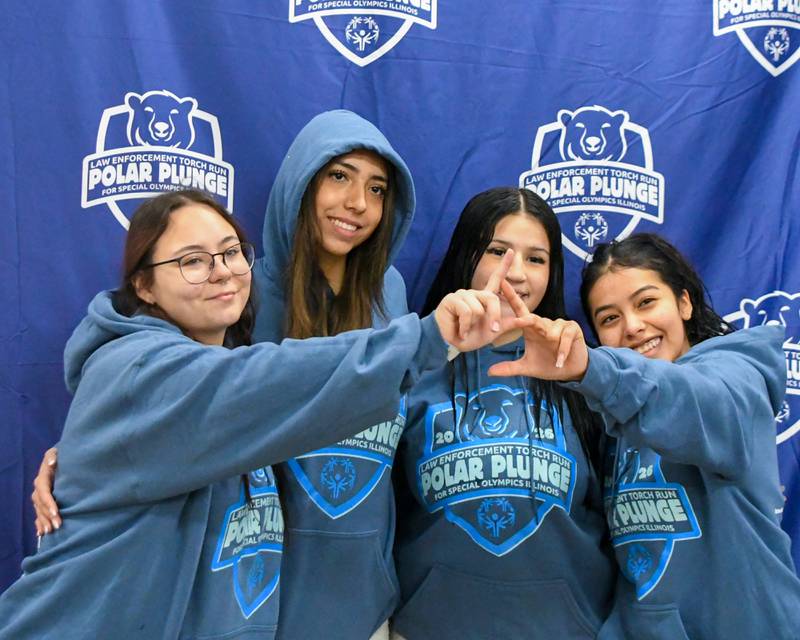 Delta Zeta Sorority sisters, Dani Gourley, Daniella Zambrana, Mya Ramirez and Yahaira Martinez pose for a photo after participating in the Polar Plunge event on Saturday Feb. 21, 2026, held at Huskie Stadium.