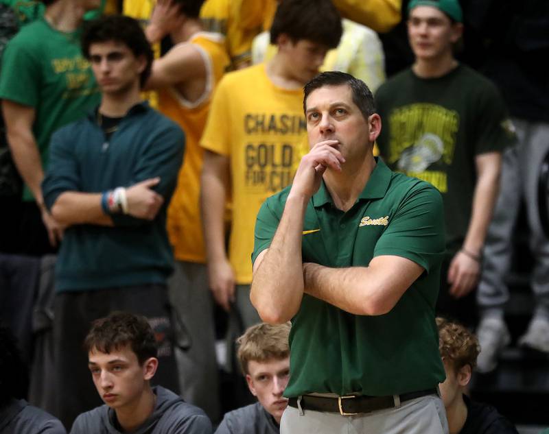 Crystal Lake South Head Coach Matt LePage looks at the clock during the IHSA Class 3A Woodstock North Sectional final basketball game against Kaneland on Friday, March 6, 2026, at Woodstock North High School.