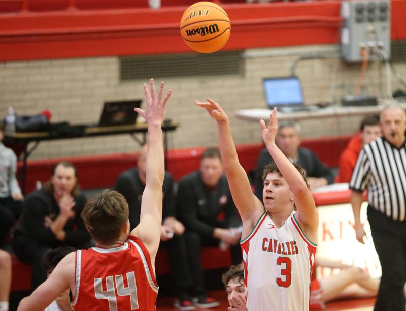 L-P's Mikey Hartman shoots a jump shot over Streator's Nolan Lukach during the Dean Riley Shootin' The Rock Thanksgiving Tournament on Monday, Nov. 25, 2024 in Kingman Gym at Ottawa High School.
