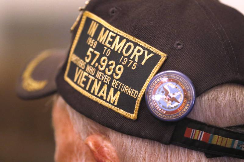 A patch on the side of a veteran’s hat remembering veterans who never returned from Vietnam during a Veterans Day ceremony Friday Nov. 11, 2022, at the Woodstock Veterans of Foreign Wars Post 5040, 240 N. Throop St. The ceremony featured speeches by Woodstock Mayor Michael Turner and Post Cmdr. Fred Strauss, taps, a 21-gun salute and a luncheon.