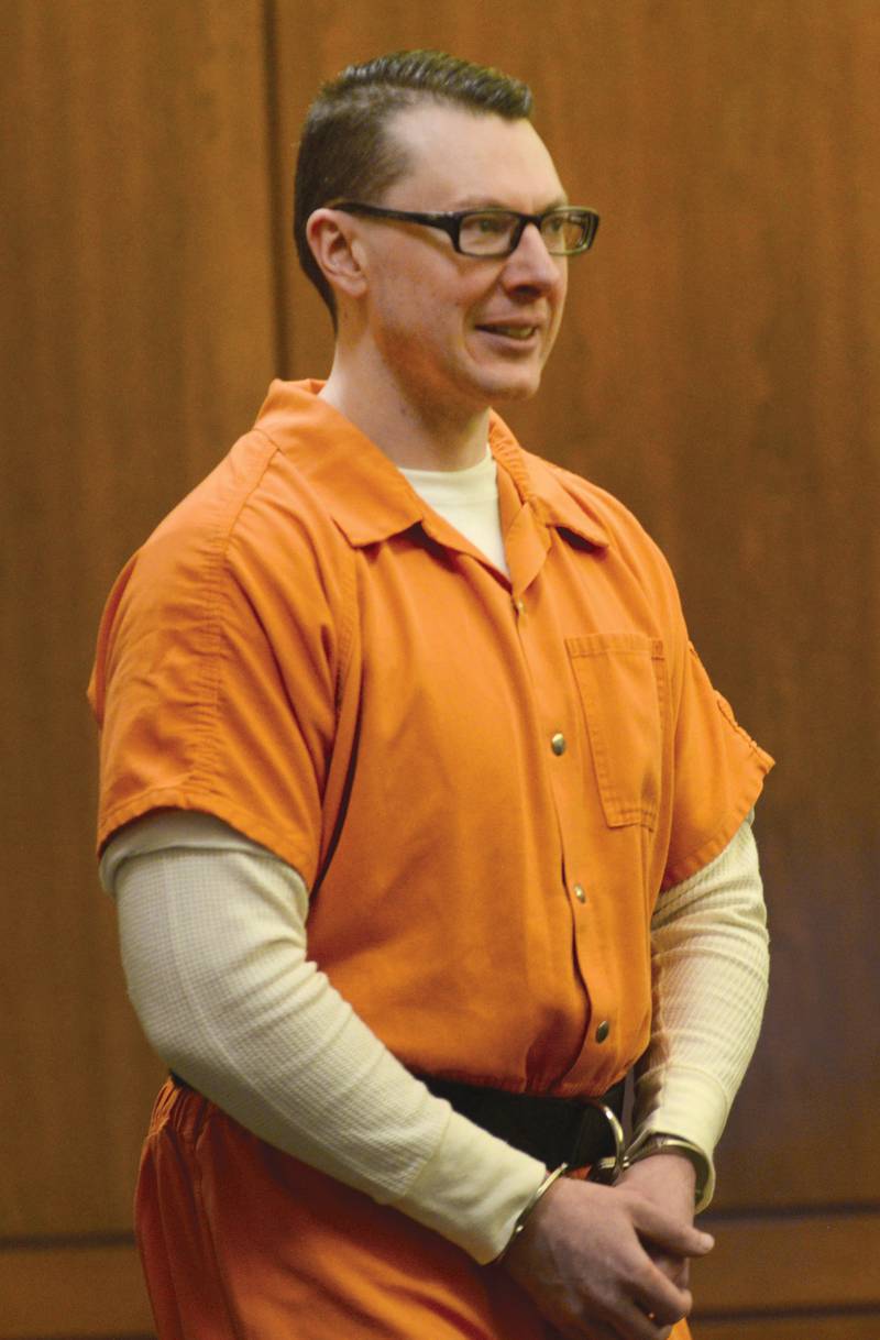 Duane Meyer enters an Ogle County courtroom for a hearing on Wednesday, July 10, 2024 at the Ogle County Judicial Center in Oregon. He is charged with killing his ex-wife, Maggie Rosko, and their 3-year-old son Amos, in 2016.