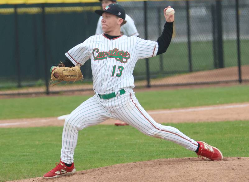 L-P's Tyler Spelich lets go of a throw to Ottawa on Thursday, April 30, 2026 at Huby Sarver Field in the L-P Athletic Complex in La Salle.