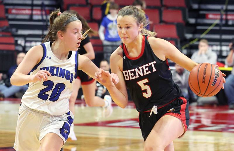 Benet's Lenee Beaumont brings the ball up against Geneva's Caroline Madden during their Class 4A state semifinal game Friday, March 3, 2023, in CEFCU Arena at Illinois State University in Normal.