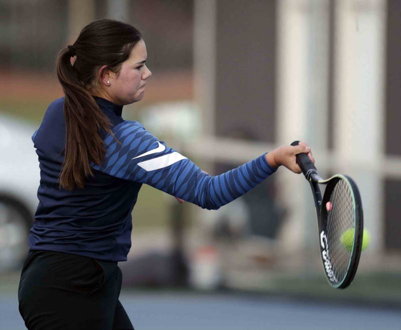 Mia Galassini, of Lincoln-Way East during the IHSA State girls tennis tournament Thursday October 20, 2022 at Hersey High School in Arlington Heights.