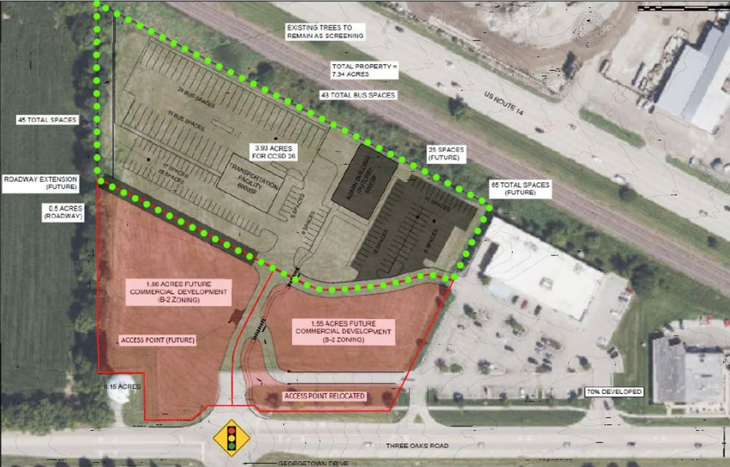 A proposed new location for District 26's transportation center off Three Oaks Road next to Aldi.