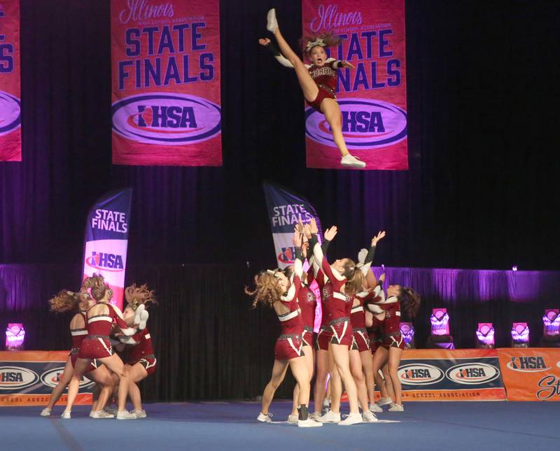 Members of the Morris cheerleading team perform at the Competitive Cheerleading State Final Competition on Saturday, Feb. 3, 2024 at Grossinger Motors Arena in Bloomington.