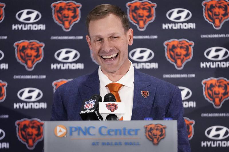 Chicago Bears new coach Ben Johnson smiles following his introduction at an NFL football news conference at Halas Hall in Lake Forest, Ill., Wednesday, Jan. 22, 2025. (AP Photo/Nam Y. Huh)
