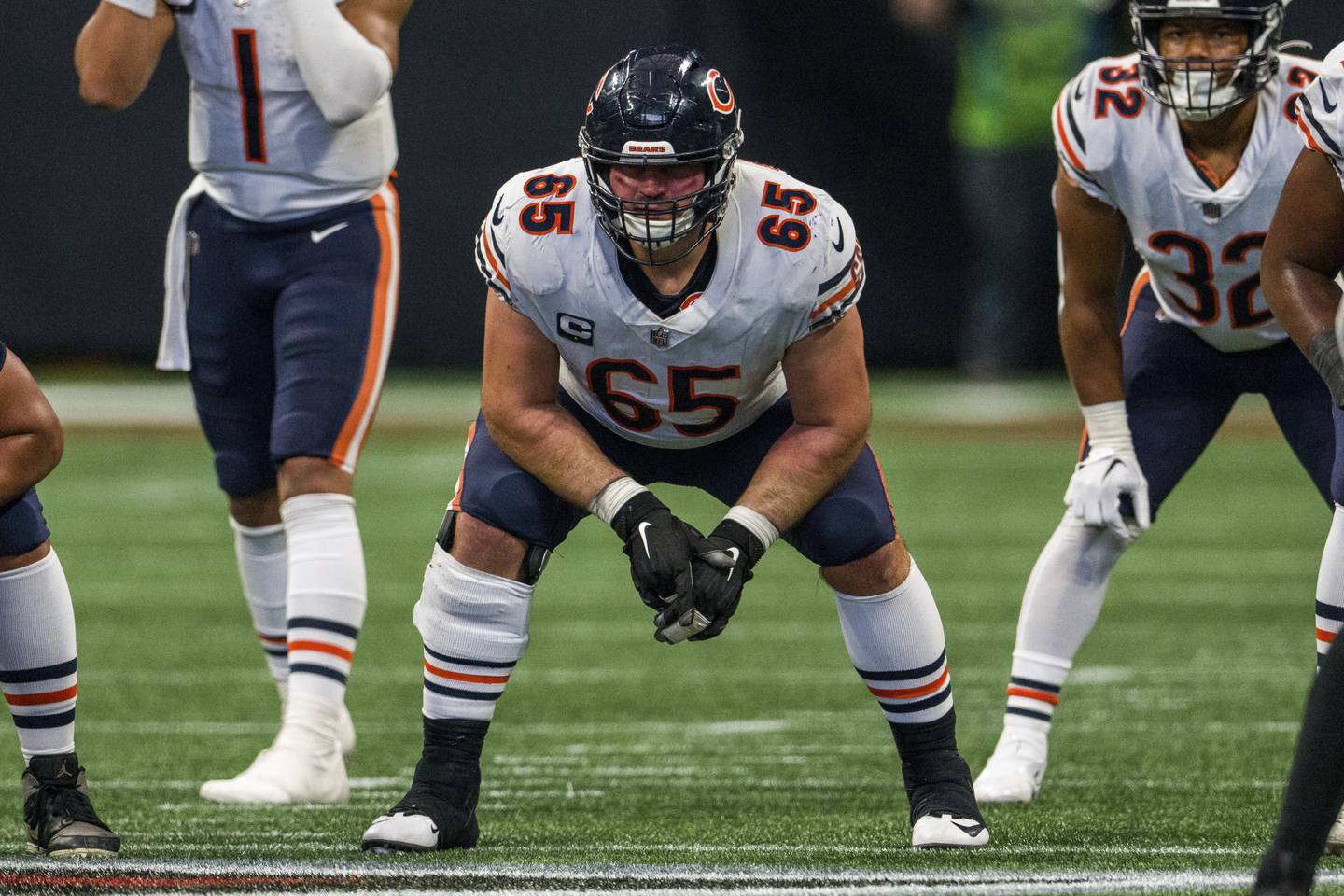 Chicago Bears offensive lineman Cody Whitehair lines up during the first half against the Atlanta Falcons, Sunday, Nov. 20, 2022, in Atlanta.