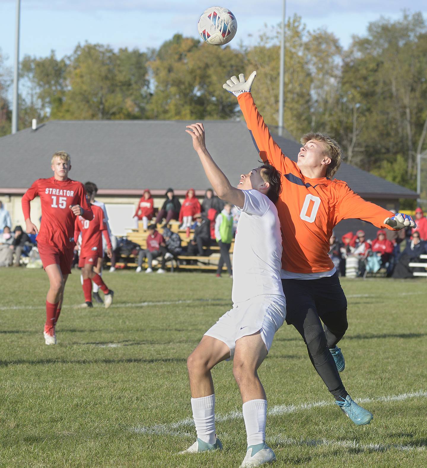 Ottawa’s Jorge Lopez tries to get the ball past Streator goalkeeper Seth Zito in the first half Tuesday at Streator.
